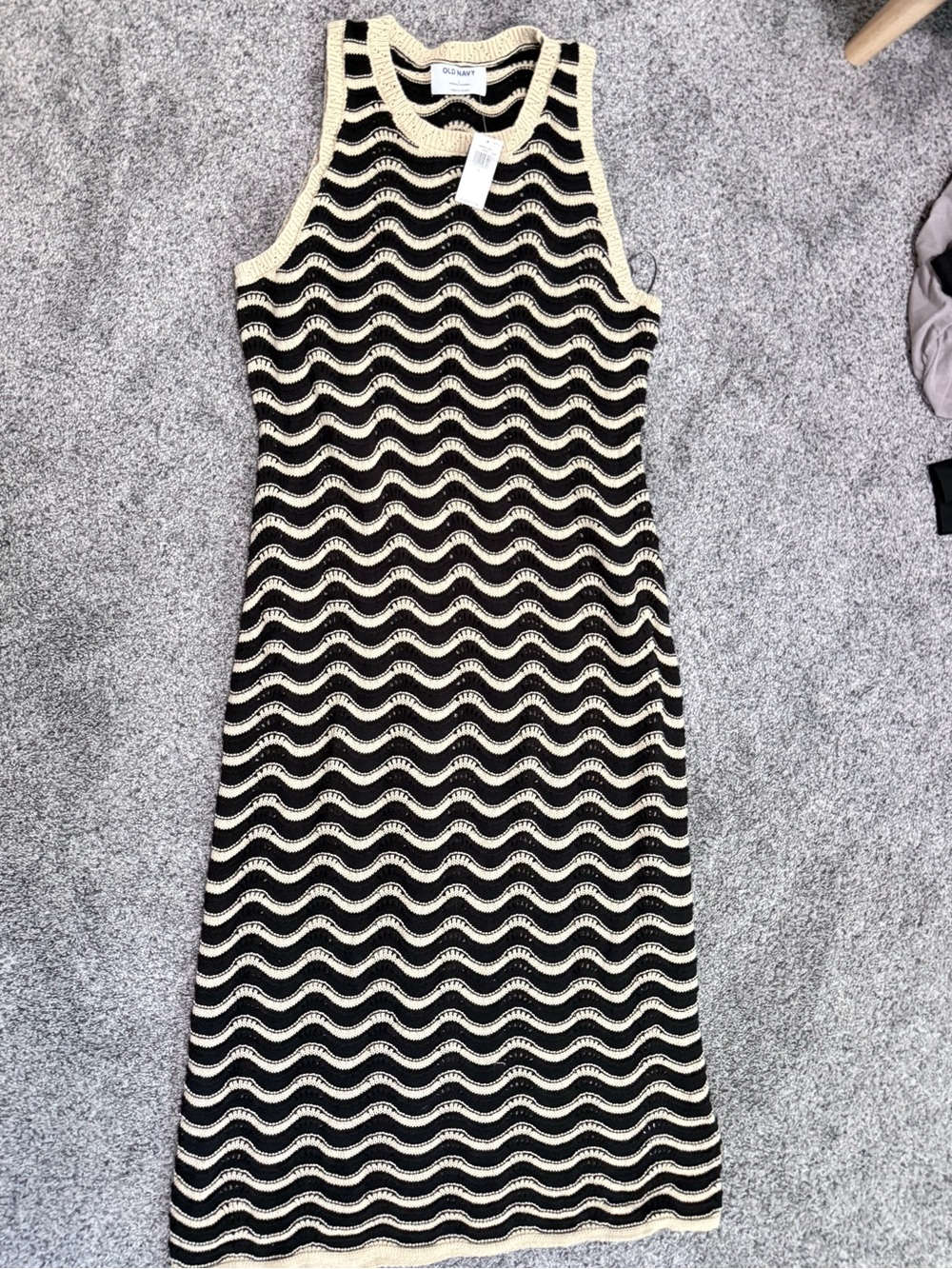 Black and Cream Wave Knit Tank Midi Dress